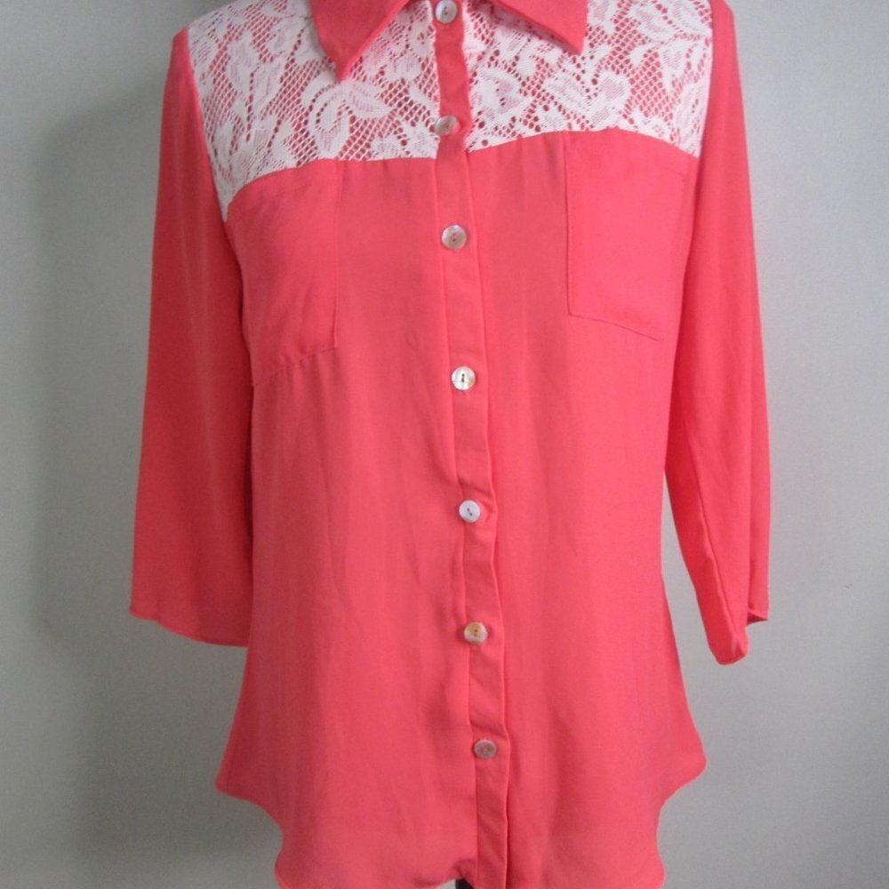 Nurture Blouse M Coral Button Up 3/4 Sleeve - Picture 5 of 11